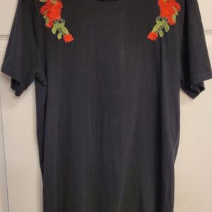 Pacsun Black T-Shirt with Red Rose Embroidery